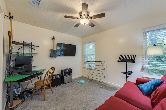 506 Applewood Dr, Pflugerville, TX 78660 - living area with plenty of natural light, a ceiling fan, carpet, and a textured ceiling