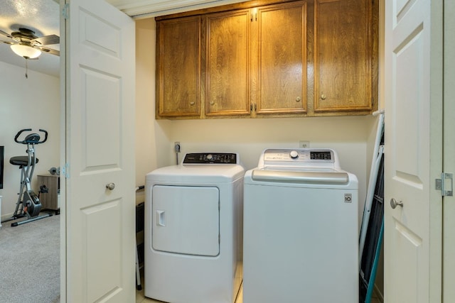 506 Applewood Dr, Pflugerville, TX 78660 - laundry room with cabinet space, washing machine and dryer, ceiling fan, and light colored carpet