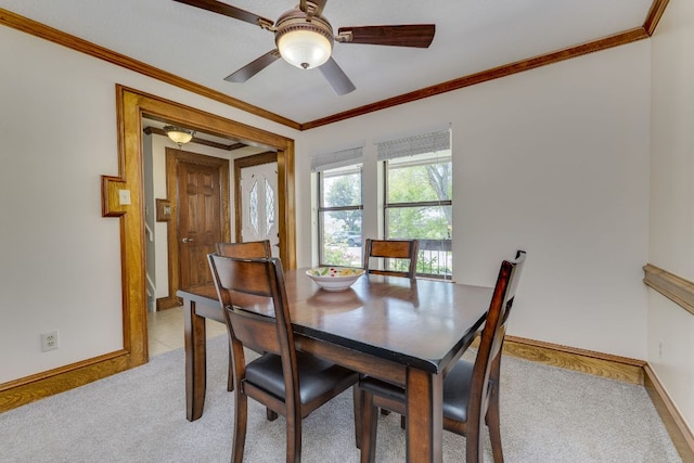 506 Applewood Dr, Pflugerville, TX 78660 - dining room featuring light colored carpet, crown molding, and a ceiling fan