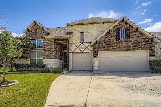 6716 Calabria Dr, Round Rock, TX 78665 - view of front of house featuring stone siding, brick siding, a front yard, driveway, and roof with shingles