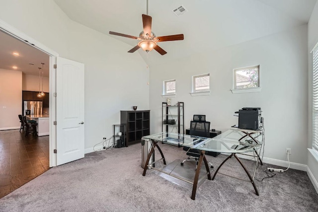 6716 Calabria Dr, Round Rock, TX 78665 - office with ceiling fan, high vaulted ceiling, and wood finished floors