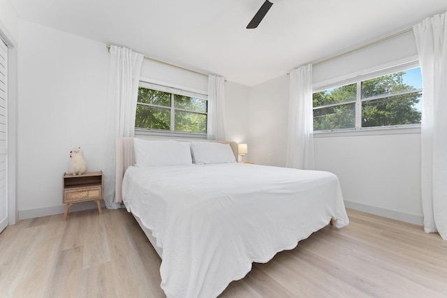 1001 E Applegate Dr, Austin, TX 78753 - bedroom featuring multiple windows, light wood-type flooring, and ceiling fan