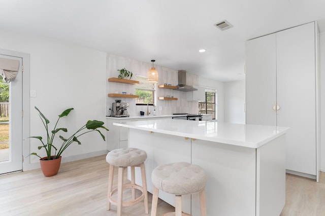 1001 E Applegate Dr, Austin, TX 78753 - kitchen featuring open shelves, light wood-style floors, light countertops, white cabinets, and modern cabinets