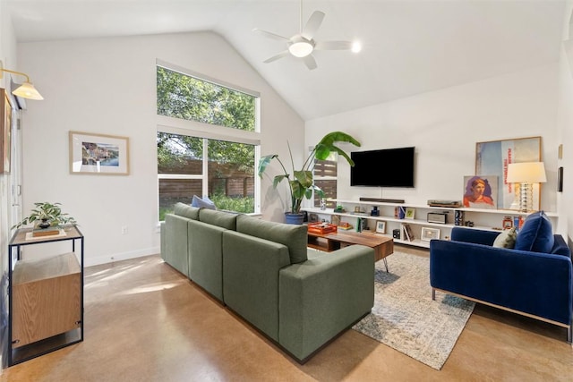 301 W Stassney Ln Unit 11, Austin, TX 78745 - living room with concrete flooring, high vaulted ceiling, and a ceiling fan