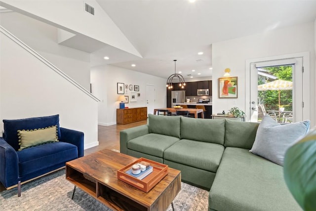 301 W Stassney Ln Unit 11, Austin, TX 78745 - living area with recessed lighting, a chandelier, and vaulted ceiling