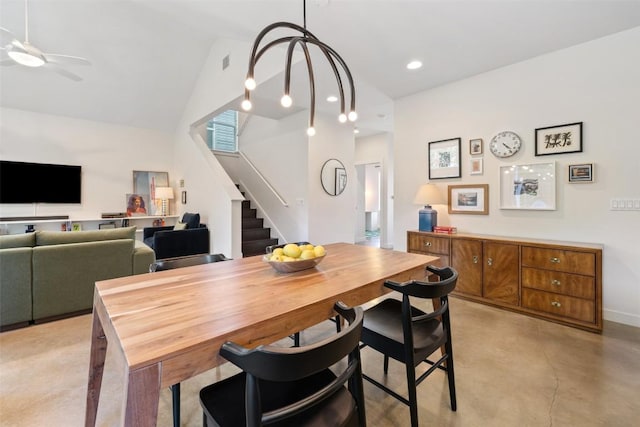 301 W Stassney Ln Unit 11, Austin, TX 78745 - dining area with stairway, ceiling fan, finished concrete flooring, lofted ceiling, and recessed lighting
