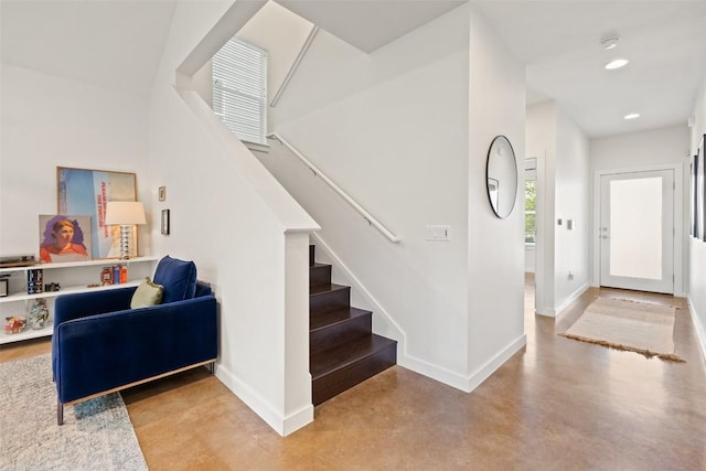 301 W Stassney Ln Unit 11, Austin, TX 78745 - foyer entrance with finished concrete floors, stairway, and recessed lighting