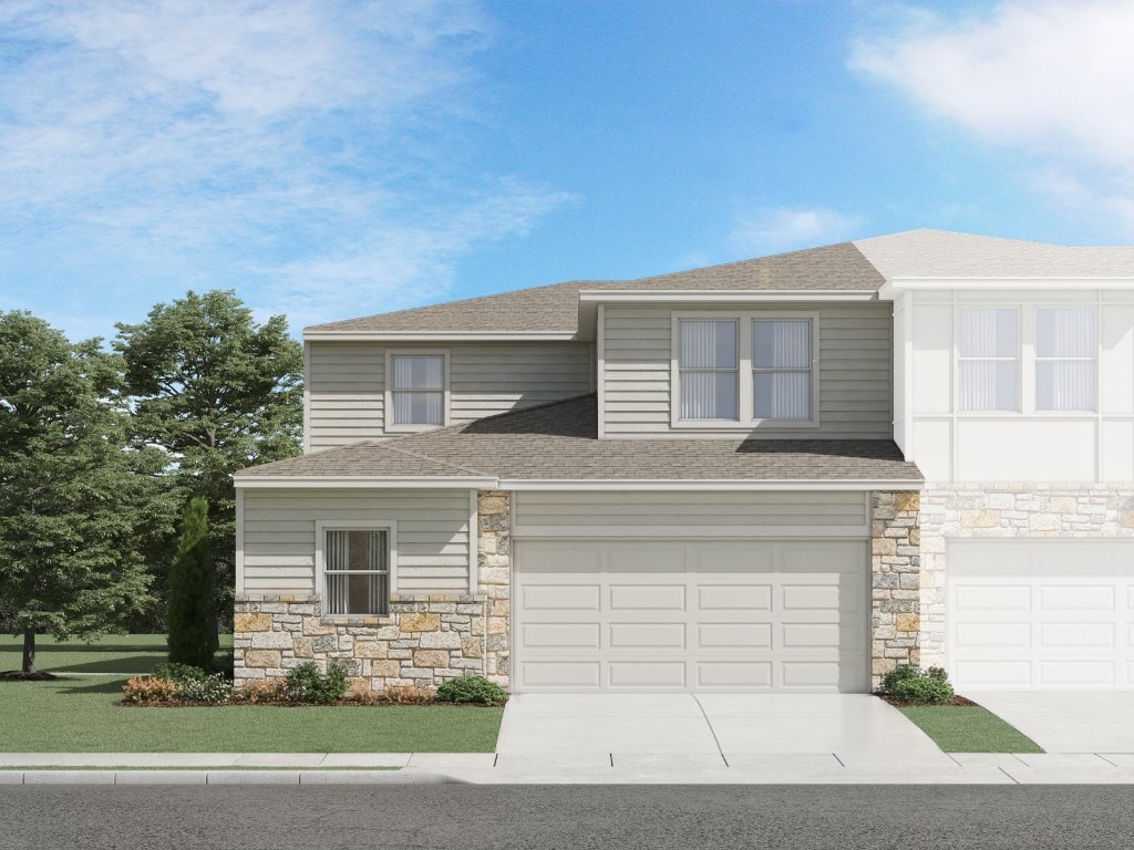 1850 Settlers Glen Dr Unit 405, Round Rock, TX 78665 - view of front of house with stone siding, an attached garage, driveway, and a shingled roof