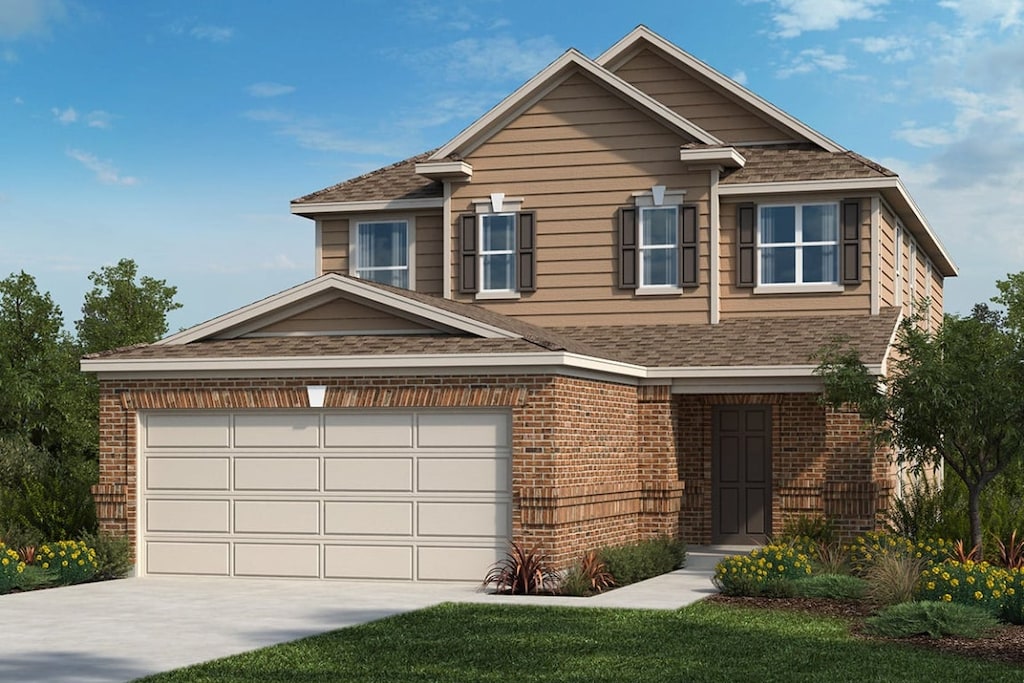 256 Feathers St, Jarrell, TX 76537 - traditional-style house with brick siding, concrete driveway, roof with shingles, a garage, and a front yard