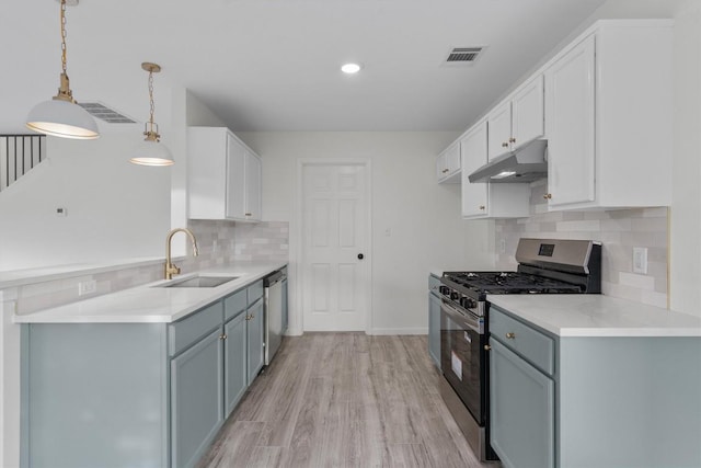 15532 Emmaleighs Ln, Pflugerville, TX 78660 - kitchen with appliances with stainless steel finishes, under cabinet range hood, tasteful backsplash, light countertops, and light wood-style floors