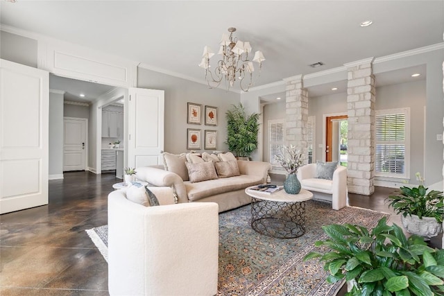 2115 W 11th St, Austin, TX 78703 - living room featuring ornate columns, ornamental molding, finished concrete floors, recessed lighting, and a chandelier
