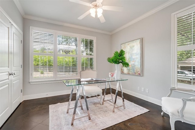 2115 W 11th St, Austin, TX 78703 - home office featuring healthy amount of natural light, ornamental molding, concrete floors, and ceiling fan