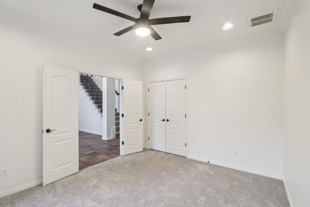 12404 Calistoga Way, Austin, TX 78732 - unfurnished bedroom featuring carpet, recessed lighting, ornamental molding, and ceiling fan