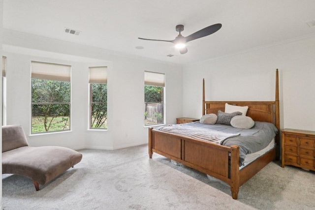 12404 Calistoga Way, Austin, TX 78732 - bedroom with light carpet, crown molding, and a ceiling fan