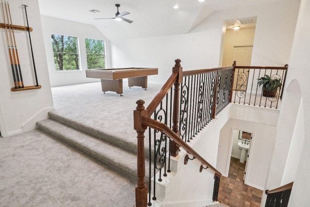 12404 Calistoga Way, Austin, TX 78732 - stairway with a ceiling fan, lofted ceiling, carpet, and billiards table