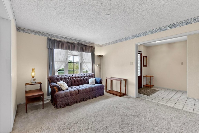 12062 Lincolnshire Dr, Austin, TX 78758 - tiled living area featuring a textured ceiling and carpet flooring