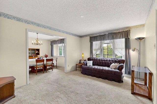 12062 Lincolnshire Dr, Austin, TX 78758 - living area with a textured ceiling, a chandelier, and carpet