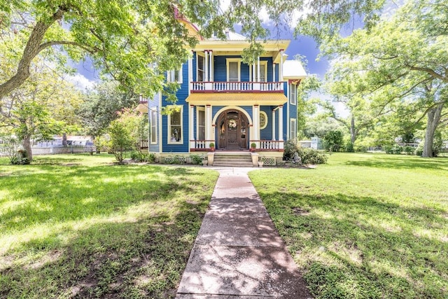 624 Saint Louis St, Gonzales, TX 78629 - view of front facade featuring a balcony, a porch, and a front lawn