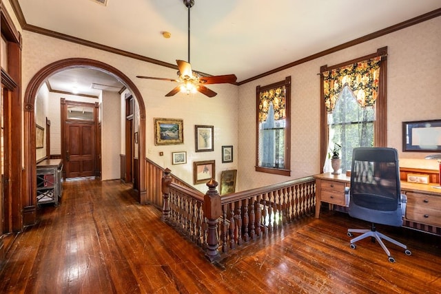 624 Saint Louis St, Gonzales, TX 78629 - office area with hardwood / wood-style floors, arched walkways, a ceiling fan, and ornamental molding