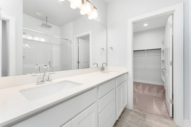 17507 Gitano Pass, Round Rock, TX 78664 - bathroom with a stall shower, double vanity, and a spacious closet