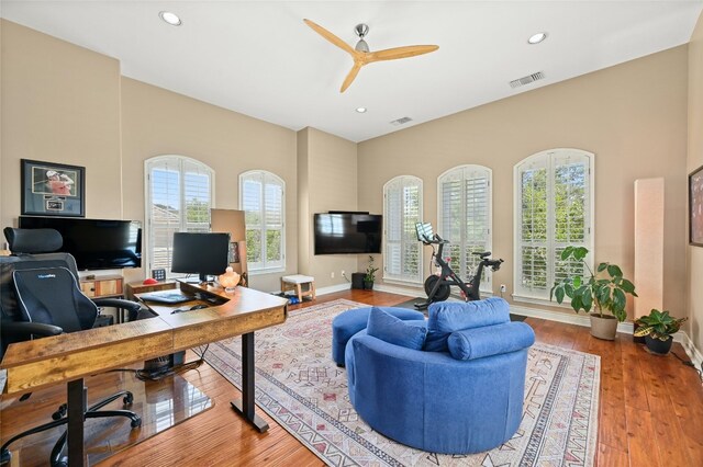 4332 Canoas Dr, Austin, TX 78730 - office featuring a ceiling fan, wood finished floors, and recessed lighting