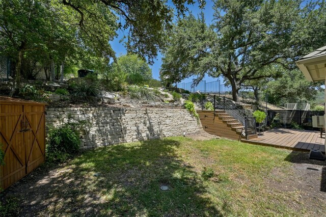4332 Canoas Dr, Austin, TX 78730 - view of green lawn featuring stairs and a wooden deck