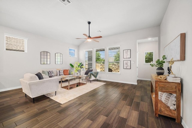 2205 Bonavista Way, Leander, TX 78641 - living room with ceiling fan and dark wood finished floors