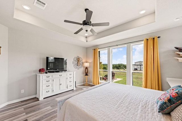 8054 Stone Mountain Trl, San Marcos, TX 78666 - bedroom with a raised ceiling, wood finished floors, recessed lighting, and a ceiling fan