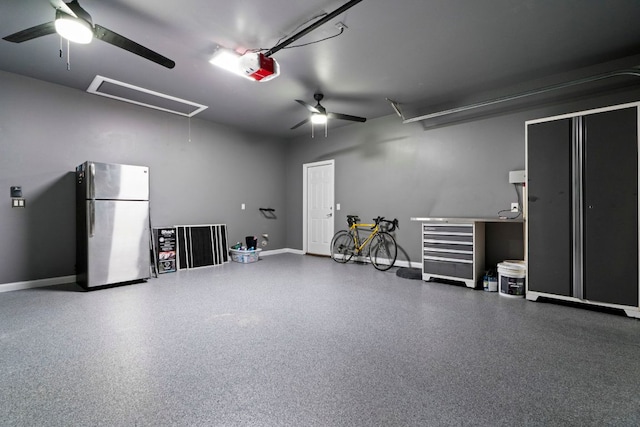 207 Dry Creek Rd, Austin, TX 78737 - garage featuring freestanding refrigerator, a ceiling fan, and a garage door opener