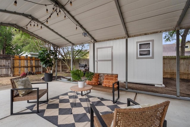6516 Garden View Dr, Austin, TX 78724 - fenced backyard featuring a patio and an outbuilding