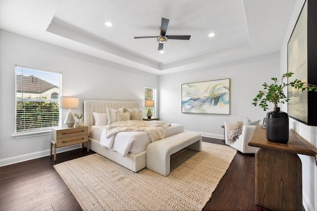 2009 Palos Verdes, Leander, TX 78641 - bedroom featuring a raised ceiling, wood finished floors, recessed lighting, and ceiling fan