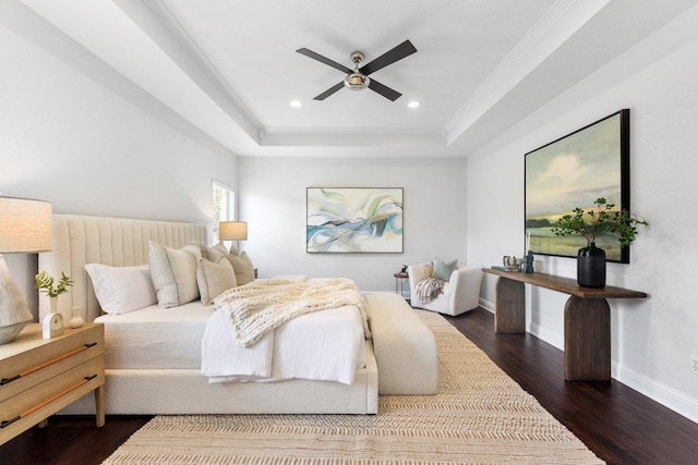 2009 Palos Verdes, Leander, TX 78641 - bedroom with a raised ceiling, wood finished floors, crown molding, recessed lighting, and ceiling fan