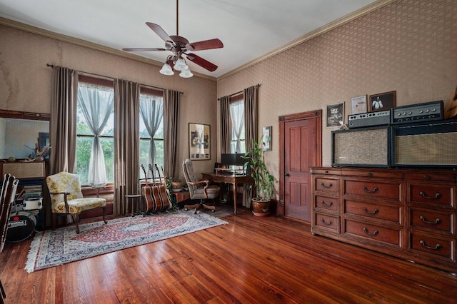 124 N Hamilton St, Gonzales, TX 78629 - office area featuring wood finished floors, ornamental molding, and a ceiling fan
