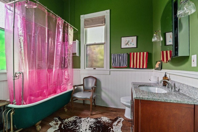124 N Hamilton St, Gonzales, TX 78629 - bathroom featuring vanity, wood finished floors, and a wainscoted wall