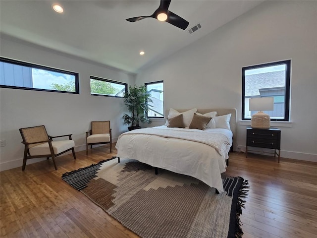 5301 Grover Ave, Austin, TX 78756 - bedroom with vaulted ceiling, hardwood / wood-style flooring, recessed lighting, and a ceiling fan