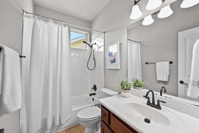 4024 Camacho St, Austin, TX 78723 - full bath with vanity, shower / bathtub combination with curtain, and tile patterned floors
