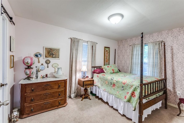 107 W Caddo St, Austin, TX 78753 - carpeted bedroom with wallpapered walls and a barn door