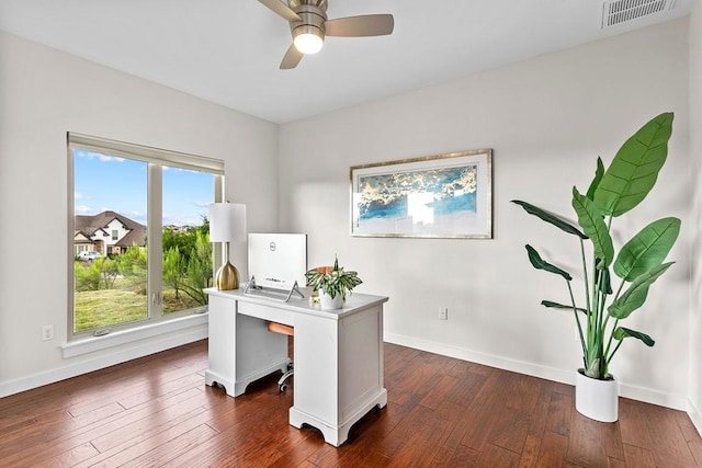 179 Sandy Creek Cv, Driftwood, TX 78619 - office area featuring dark wood-type flooring and a ceiling fan