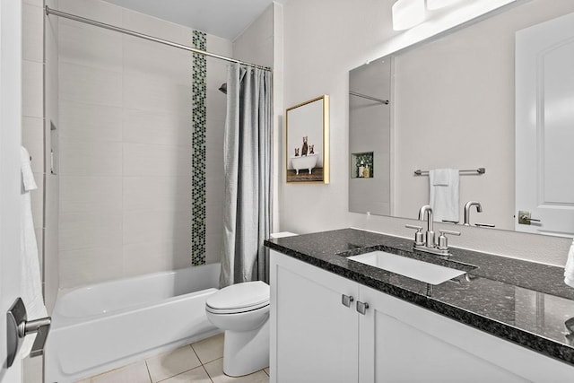 179 Sandy Creek Cv, Driftwood, TX 78619 - bathroom featuring vanity, shower / bathtub combination with curtain, and tile patterned floors