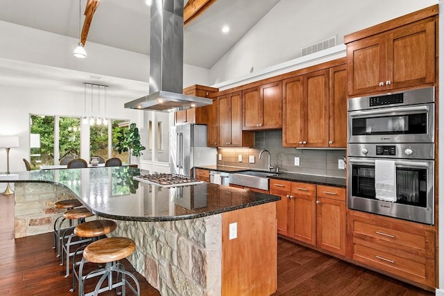 179 Sandy Creek Cv, Driftwood, TX 78619 - kitchen with island exhaust hood, stainless steel appliances, a breakfast bar, dark wood finished floors, and backsplash