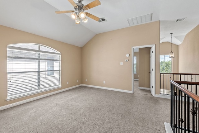 829 Zappa Dr, Cedar Park, TX 78613 - spare room featuring vaulted ceiling, a ceiling fan, and light colored carpet