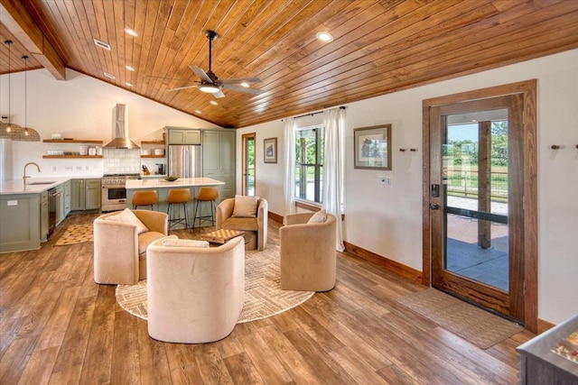 19811 W Ranch Road 152nd Rd, Llano, TX 78643 - living area with wood ceiling, plenty of natural light, ceiling fan, light wood-style flooring, and recessed lighting