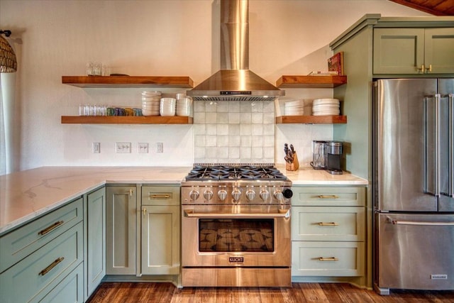19811 W Ranch Road 152nd Rd, Llano, TX 78643 - kitchen with high quality appliances, open shelves, extractor fan, and green cabinetry