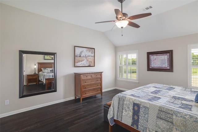 3204 Herrero Path, Cedar Park, TX 78641 - bedroom featuring dark wood-style floors, multiple windows, vaulted ceiling, and ceiling fan
