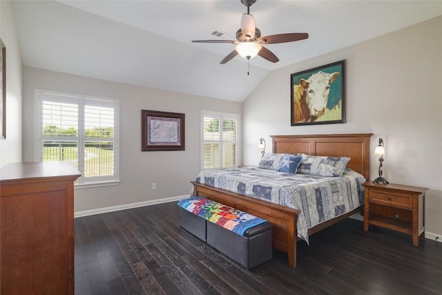 3204 Herrero Path, Cedar Park, TX 78641 - bedroom with dark wood-style floors, vaulted ceiling, and ceiling fan
