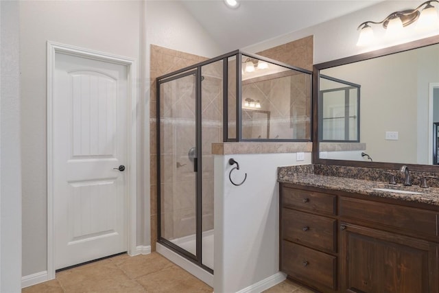 3204 Herrero Path, Cedar Park, TX 78641 - bathroom with a stall shower, vanity, and vaulted ceiling