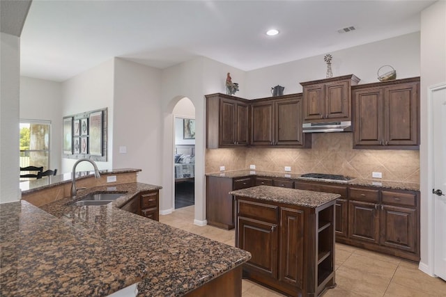 3204 Herrero Path, Cedar Park, TX 78641 - kitchen featuring under cabinet range hood, a kitchen island, arched walkways, stainless steel gas cooktop, and tasteful backsplash