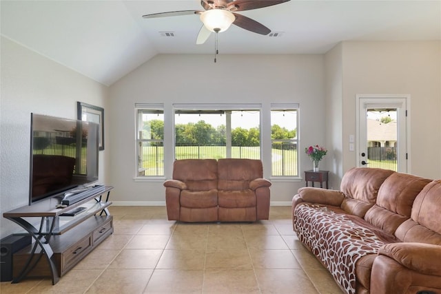 3204 Herrero Path, Cedar Park, TX 78641 - living area with healthy amount of natural light, a ceiling fan, light tile patterned floors, and vaulted ceiling