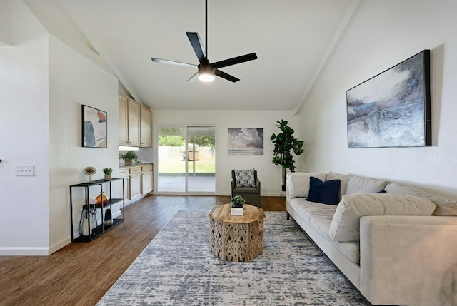 9224 Partridge Cir, Austin, TX 78758 - living room featuring ceiling fan, lofted ceiling, and dark wood-style flooring