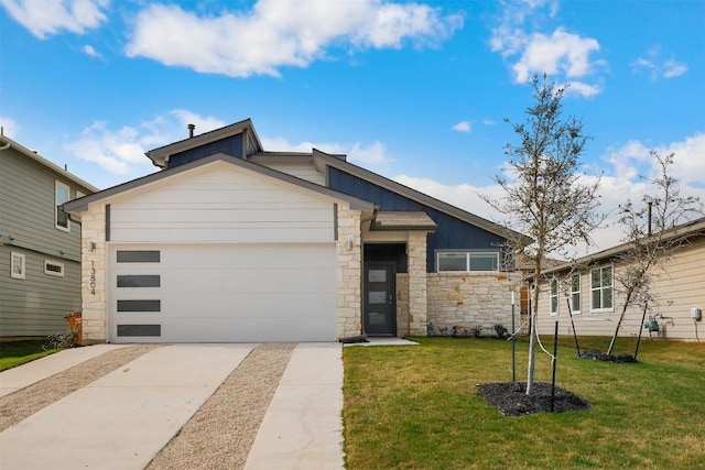 13804 Bavarian Forest Dr, Pflugerville, TX 78660 - contemporary house featuring stone siding, a garage, a front lawn, and driveway